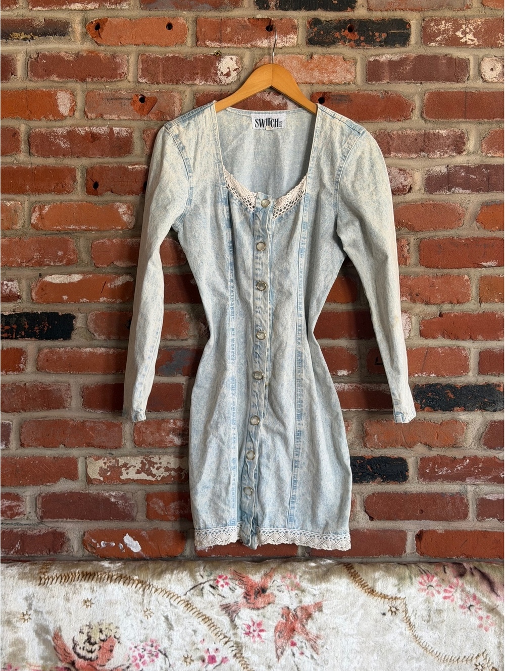 Vintage Acid Wash Denim Button-Front Dress with Lace Trim - Picture 3 of 6